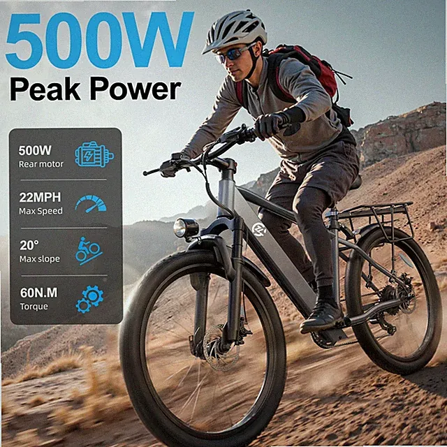 24in Electric Bike for Adults 500W 22MPH 40 Miles 7 Speed City Commuter Ebike