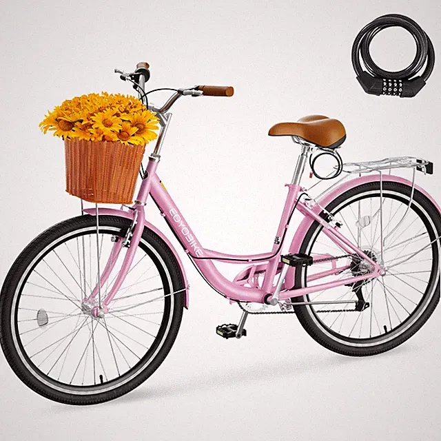 EOYOBIKE 26Inch Beach Cruiser Bike, 7 Speed Women Pink Step-Through Commute Bike